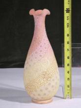 12" Mt Washington Burmese Glass Vase with Lace Design Enamel Decoration