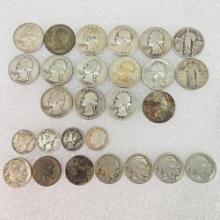 Collection Of 16 US Silver Quarters, 4 Silver Dimes And 7 Buffalo Nickels