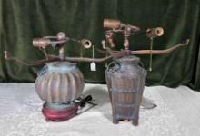 * 2 Bronze Finish Basket Form Lamp Bases to Hold Stained Glass or Reverse Painted Shades