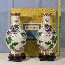 Pr of 15" White Ground Cloisonne Vases with Chrysanthemum Motifs and Stands w/ Storage Box