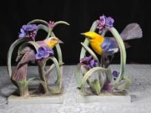 Pair of Royal Worcester Porcelain Yellow Headed Blackbird Figures with Wooden Storage Boxes