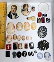 Collection Of Loose Cameos, Intaglios, Hand Painted Mini Plaques, Wood Carving Cameo, Jasperware