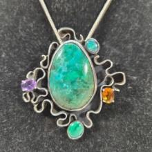 Israel Sterling Silver Eilat Stone & Gemstone Amulet Pendant With 24" Sterling Silver Box Chain