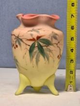 6 3/4" Webb Queen's Burmese Glass Vase with Hand Painted Vine and Berry Decoration