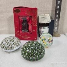 Grouping Of Art Glass Paperweights, Xmas, And Egg Coddler.