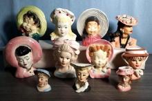 * 11 Ceramic Ladies' Head Vases and Wall Pockets