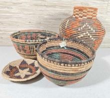 4 Hand Made Coil Baskets with Mixed Color Geometric Weaving Accents