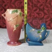 Roseville Art Pottery IVI- - 8 Pink Snowberry Vase and IVS - 6" Blue Snowberry Planter