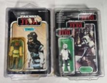 2 Star Wars 1983 ROTJ Action Figures MOC, Palitoy Trilogo Biker Scout 70-B and Kenner Nikto 77-A