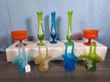 * 8 Mid Century Modern Green Orange & Blue Hand Painted "Daisy" Westmoreland Glass (9 Pcs.)