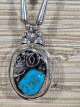 Signed Native American Sterling Silver Double Sided Turquoise and Coral Necklace