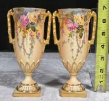 Pair of 6 3/4" Royal Worcester Porcelain Blush Finish 2 Handled Urn Vases