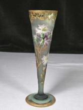 11 1/2" Mont Joye French acid etch Cameo glass Trumpet Flute Vase with Hand Enameled Floral Accents