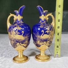 Pr Royal Worcester Porcelain 1899 8" Cobalt Ground Ewers with Raised Gilt Swans