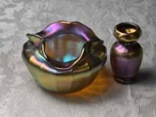 Petite LTC Tiffany Gold Favrile Favor Vase and Quezal Iridescent/ Aurene Salt/Individual Mint Dish
