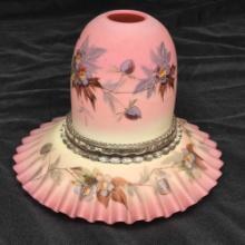 Webb Burmese Glass S CLarke Patent Fairy Lamp with Flared Skirt and Hand Painted Hawthorn Decoration