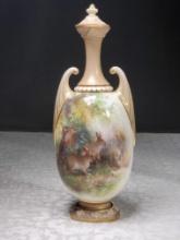 11 1/2" Royal Worcester Porcelain Mantle Urn Vase with Lid Signed CHC Baldwyn