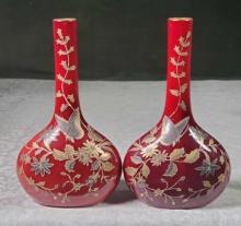 Pr Matched Thomas Webb Pigeon Blood Glass Vases with Silver and Gold Floral & Butterfly Decoration