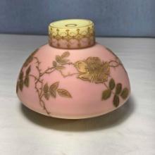Mt Washington Burmese Glass 4" Tall Jar with Gold Floral Decoration and Lid