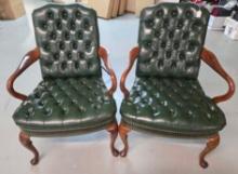 Green Leather Button Tuck Wood Arm Chair