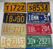 Collection Of 5 Florida and 3 Pennsylvania Automobile Registration / License Plates