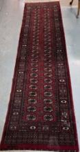 Signed Vintage Red Bokharah Hand Woven Wool Carpet Runner