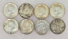Lot Of 8 US Silver Half Dollars, Kennedy, Franklin And Walking Liberty