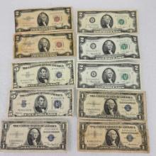 Collection Of Silver Certificates And 2 Dollar Bills