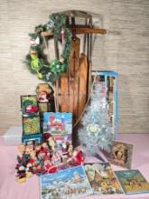 * Vintage Christmas Decorations Incl. Flexible Flyer Snow Sled