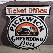 29" x 24" Porcelain Enamel Ticket Office Pickwick Greyhound Lines Ticket Office 2 Sided Hanging Sign