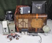 Tray Lot of Garage, Man Cave and Den Decor with Cameras, Radio and Bike Lights