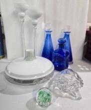 * 8 Pcs. of Art Glass Decanters, Candle Holders, Etc.