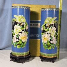 Blue Ground Cloisonne Cylinder Vases with Storage/ Shipping Boxes