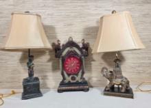 * Art Deco Style 3 Pc Set Lamps and Battery Operated Clock
