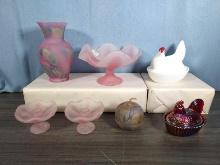 * Pink Glass Vases & Rooster Egg Holders (7 Pcs.)