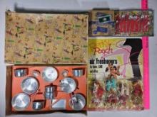 Doll Accessories with Aluminum Cookware & Silverware, Dog Go Alongs and Box of Girl's Toy Watches