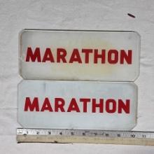 2 Antique Glass "Marathon" Service Station Gas Pump 4 1/4" x 10 1/2" Panel Inserts