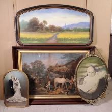 * Pastel on Paper Landscape Painting, Antique color lithograph and Convex Glass Framed Photo