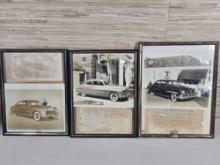 * 3 Framed Black and White 1950's Car Photos and Typed Advertising Descriptons For Newspaper, Hudson