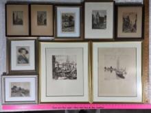 * 9 Antique European Etchings incl 2 Lionel Barrimore and Several 1800s