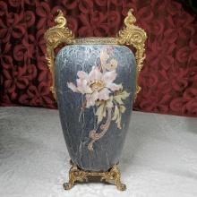 * CF Monroe Co Kelva Art Glass Vase with Gilt Mount Handles and Feet