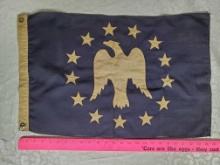 Vintage 15 1/2" X 24 1/2" Wool W/ Two Sided Cotton Applique 13 Stars, Blue Ground, Eagle Center Flag