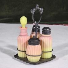 Mt Washington Burmese Ribbed Glass 4 Pc Petite Castor Set in Silver Plate Holder