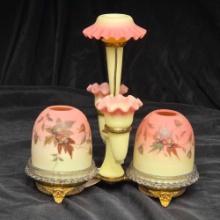 Thomas Webb Queen's Burmese Glass Epergne with Fairy Lamps and Posy Holders