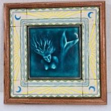 Blue Celadon Glaze Mermaid Tile With Moon & Sun Glazed Border Tiles Framed In Oak.