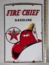 Vintage Texaco Fire Cheif Gasoline Red And White Single Sided Enamel Sign