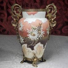 * CF Monroe Co Wavecrest Art Glass Vase with Gilt Mount Handles and Feet