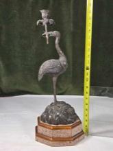 21" Bronze 1st Qtr Of The 20th Century, Standing Crane Candlestick on Tiered Marble Base