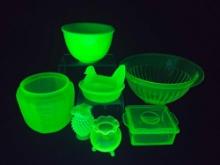 * 7 Uranium Glass/ UV Reactive Glass Kitchen Ware and Vases