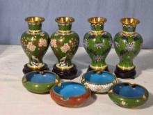 2 Pair 6" Cloisonne Vases and 4 Ash Trays with Storage/ Shipping Boxes